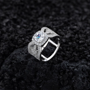 Elegant S925 sterling silver leaf ring with square halo zircon on black volcanic rock