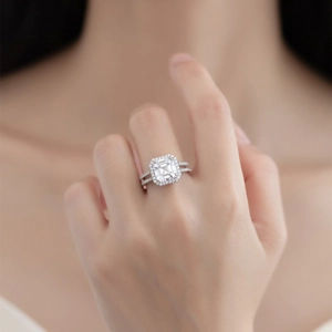 Emerald cut halo ring in S925 sterling silver with double row split shank design