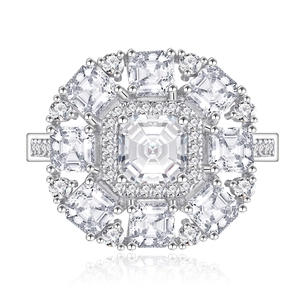 Luxury S925 sterling silver square cz ring with brilliant step-cut main stone