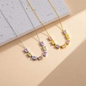 Elegant S925 sterling silver square sugar crystal pendant necklace with pastel gemstones