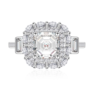 Bague luxueuse en argent sterling 925 avec pierre taille émeraude et diamants baguette