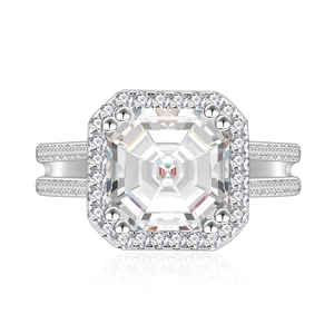 Square emerald cut diamond halo engagement ring in S925 sterling silver band
