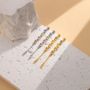 S925 silver drop earrings with colorful square crystals and elegant tassels