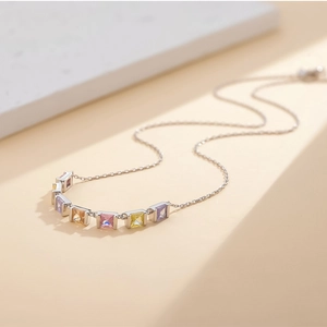 Minimalist S925 sterling silver necklace with a rainbow square gemstone sugar cube pendant