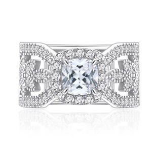 Luxurious S925 sterling silver leaf ring with cushion cut central diamond and pave setting