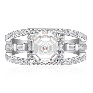 Luxe 925 sterling zilveren ring met vierkante smaragd geslepen diamant en drielaagse band