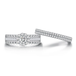 Exquisite S925 silver halo ring set with round main stone and micro-paved diamond bands