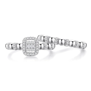 Bague en argent sterling S925 avec halo pavé rectangulaire et anneau perlé