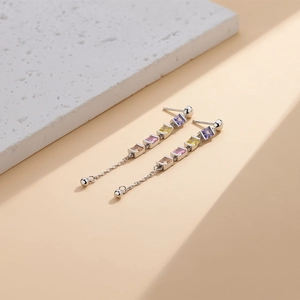 S925 sterling silver tassel earrings with colorful square zircons in a long drop design