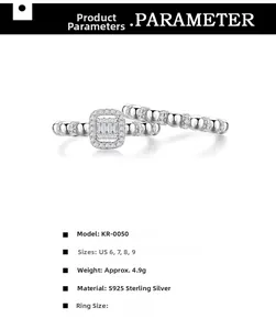 Spécifications de la bague perlée et bague à pierre carrée en argent S925