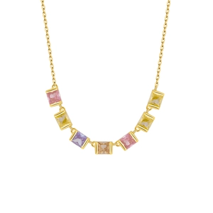 Gold-plated S925 silver necklace featuring seven rectangular multi-color gemstones