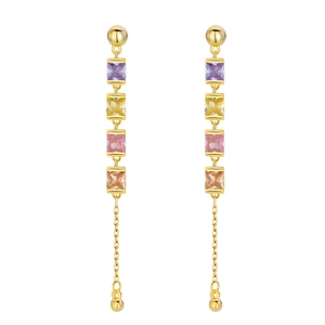 S925 silver dangling earrings with colorful square zircons and delicate gold tassels