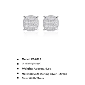Macro detail of S925 sterling silver pave-set cubic zirconia stud earrings with 12mm width