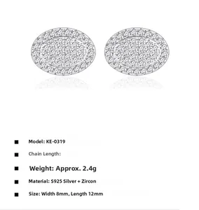 Detailed size parameters of 8mm by 12mm S925 silver oval stud earrings with micro pavé cubic zirconia
