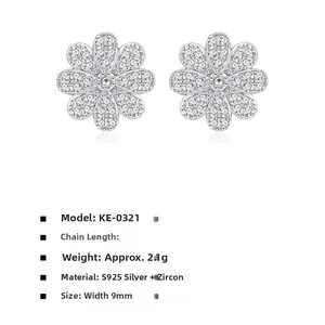 S925 silver daisy stud earrings with zircon inlay showing size and weight details