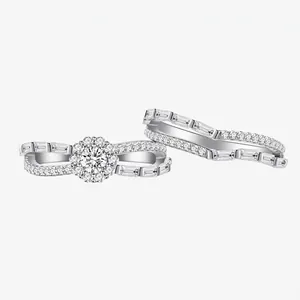 Bague Double Couche en Argent Sterling 925 Pavé de Strass Duo pour Femmes Conception Originale Forme de Vague Mariage