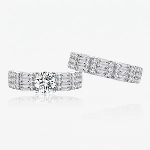 925 Sterling Silver Ring Set For Women Elegant Round Rhinestone Engagement Ring Pave Baguette Cut Wedding Band Jewelry