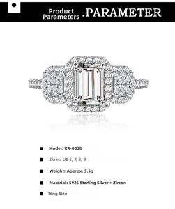 Macro shot of S925 sterling silver ring with emerald cut cubic zirconia and halo setting