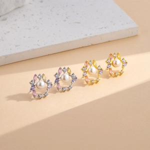Blatt Perlen Schmuckset mit bunten Blumen-Ohrsteckern in Silber- und Goldplattierung