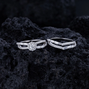 Ensemble de bagues en argent double couche serti de zircones rondes et trapézoïdales