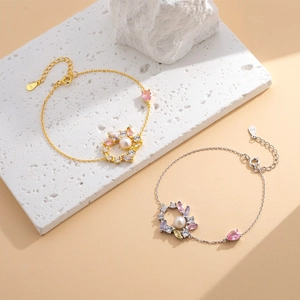 Elegantes S925 Silberschmuckset mit Perlen und farbigen Schmucksteinen im Blattdesign