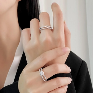 Bague double couche en argent S925 sertie de diamants micro-pavés pour femmes en argent
