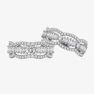 Luxurious 925 Sterling Silver Wave Ring Set For Women Micro Pave Rhinestone Wedding Bridal Promise Finger Rings Jewelry