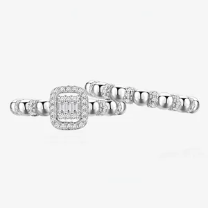 Ensemble de Bagues Perlées Halo Rectangulaire en Argent Sterling 925 Avec Strass Brillants Bagues de Doigt Mariage Fête Bijoux de Mode Cadeau
