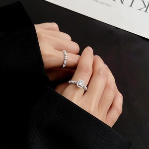 Ensemble de bagues perlées en argent S925 avec zircon carré et pavé de diamants