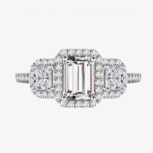 Luxury 925 Sterling Silver Emerald Cut Zirconia Halo Ring Three-Stone Wedding Engagement Finger Ring Fashion Jewelry For Women