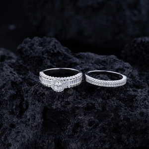 S925 sterling silver bridal ring set with micro-pave diamonds on black volcanic rock