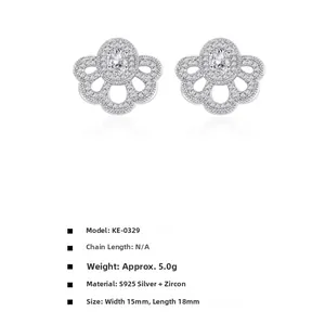 Macro view of S925 sterling silver fan-shaped flower earrings with cubic zirconia