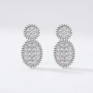 S925 Sterling Silver Pave Zirconia Oval Stud Earrings With Twisted Rope Edge Geometric Fashion Jewelry For Women