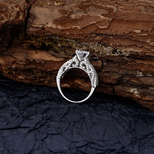 Classic silver S925 round cut solitaire engagement ring with micro-pave diamond accents