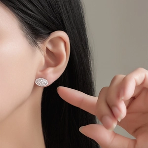 Minimalist S925 sterling silver oval stud earrings with pavé set micro cubic zirconia