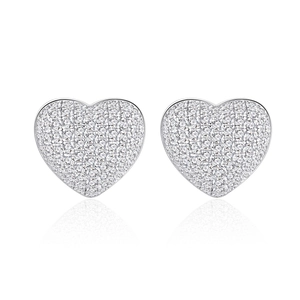 Sparkling silver double heart stud earrings with pave-set cubic zirconia for women