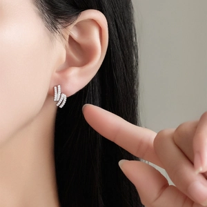 S925 sterling silver double-layer wave stud earrings with pave-set shimmering zircon crystals