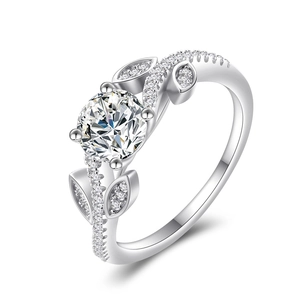 Leaf design S925 sterling silver ring with large round zircon and micro-pave details