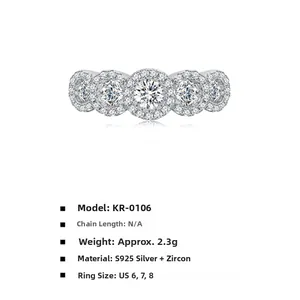 Detail view of S925 silver ring featuring five graduated round-cut sparkling cubic zirconia