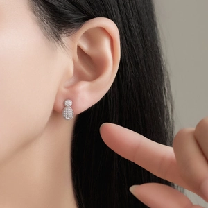 S925 sterling silver oval stud earrings with pavé micro-inlaid diamonds for women