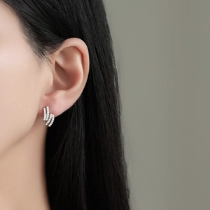 Elegant S925 sterling silver triple layer curved stud earrings with sparkling zircons