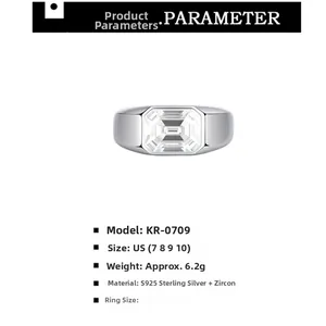 Detail view of emerald cut zircon ring in S925 sterling silver with size specifications