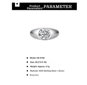 Detailed parameter chart for S925 sterling silver ring with large round zircon stone