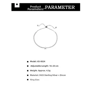 Detailed specs of adjustable S925 sterling silver star bracelet with micro-pave zircons