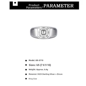 Detailed spec sheet showing S925 sterling silver ring with 8A grade zircon parameters