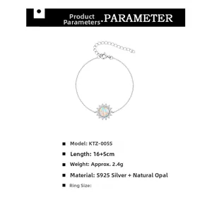 Macro detail of S925 sterling silver opal bracelet with 16+5cm size specifications