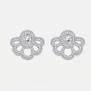 925 Sterling Silver Fan Flower Stud Earrings For Women White Gold Plated Zirconia Inlaid Hollow Elegant Banquet Jewelry