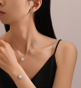 Detailed close-up of 925 sterling silver opal jewelry set worn by a model in soft light