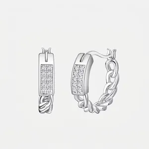 Boucles d'Oreilles Créoles en Argent Sterling 925 Chaîne Torsadée Bijoux Géométriques de Luxe avec Zircone pour Femme