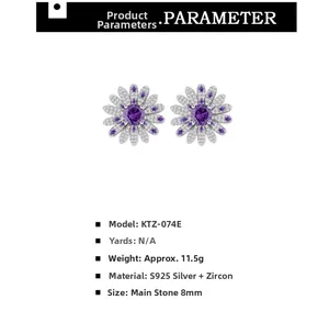 Detailed specs for S925 silver daisy earrings with purple cubic zirconia stones